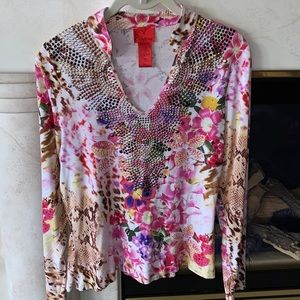 V Cristina Embellished Mixed Print Rayon and Spandex Pull Over Medium Top